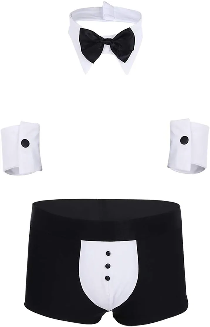 easyforever 3Pcs Mens Waiter Lingerie Set Tuxedo G-String Thong Briefs Underwear Suit for Cosplay