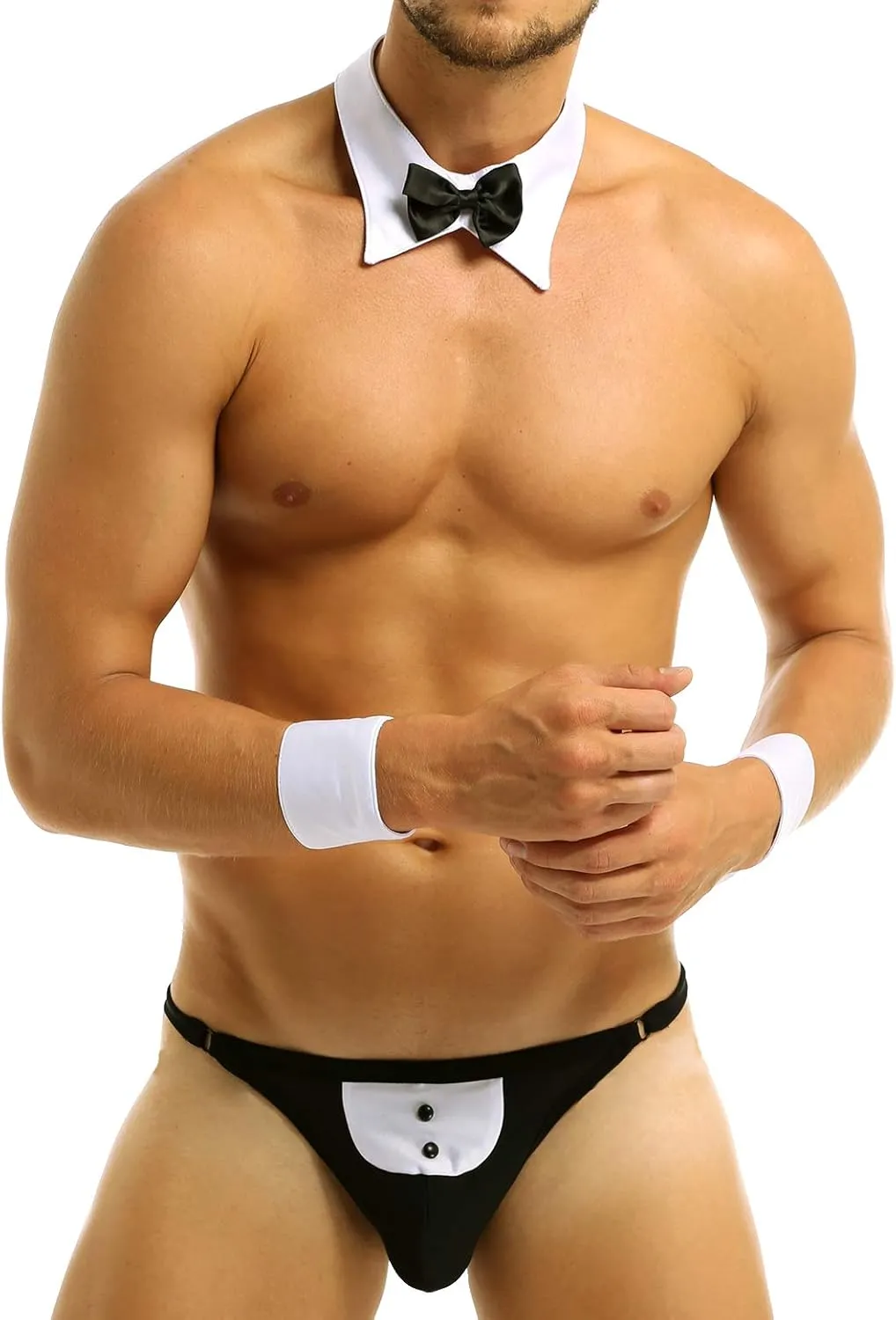 easyforever 3Pcs Mens Waiter Lingerie Set Tuxedo G-String Thong Briefs Underwear Suit for Cosplay