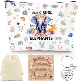 Elephant Gifts for Women - 3Pcs Elephant Lovers Birthday Gifts Set, Cute Cartoon Elephant Makeup Bag Keychain and Healing Bracelets, Christmas Valentines Mother's Day Wedding Gift