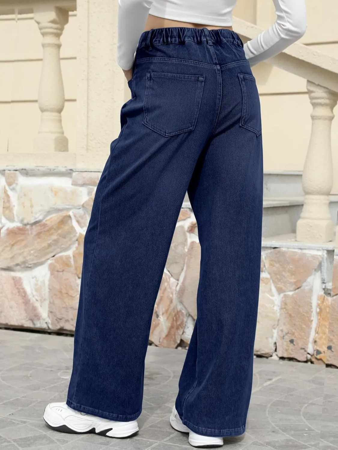 ELLEVEN High Stretchy Sweatpant Jeans Women, Elastic Waist Wide Leg Baggy Knit Jeans Straight Leg High Waisted Pull on Jeans