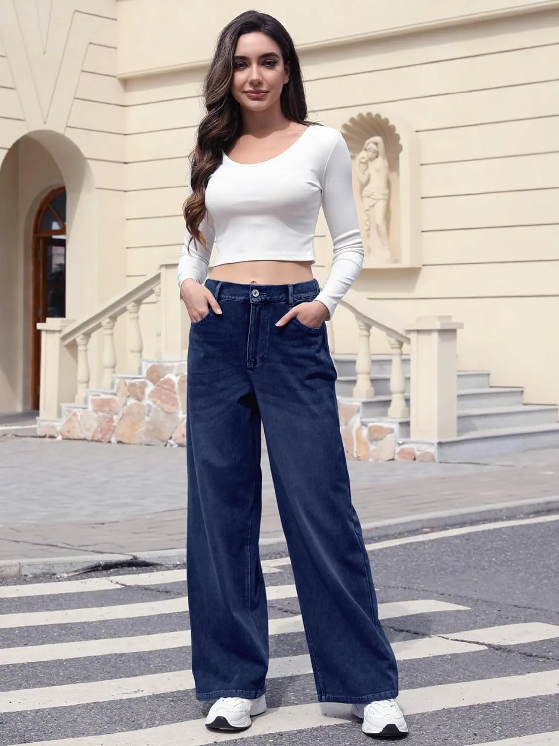 ELLEVEN High Stretchy Sweatpant Jeans Women, Elastic Waist Wide Leg Baggy Knit Jeans Straight Leg High Waisted Pull on Jeans