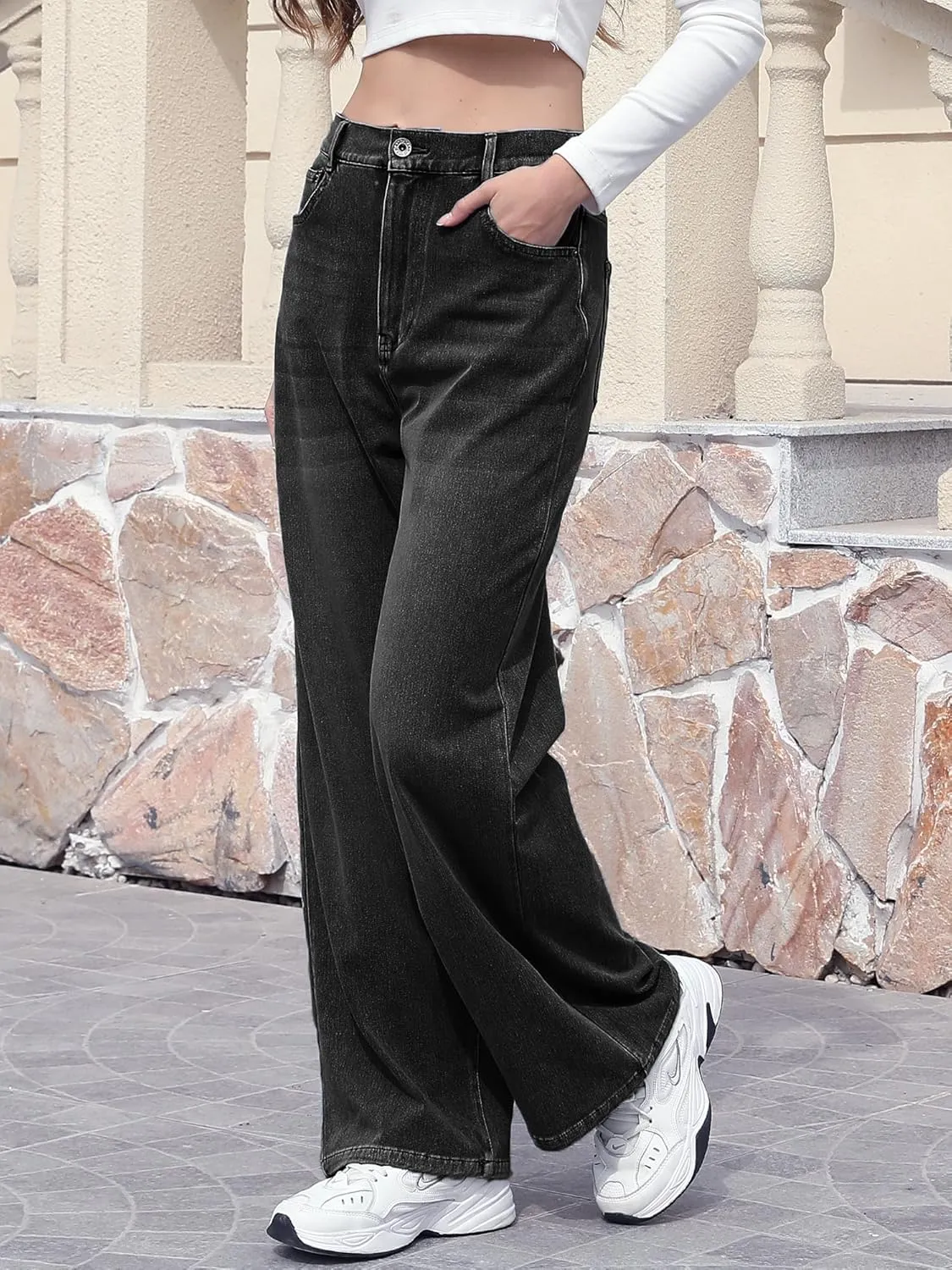 ELLEVEN High Stretchy Sweatpant Jeans Women, Elastic Waist Wide Leg Baggy Knit Jeans Straight Leg High Waisted Pull on Jeans