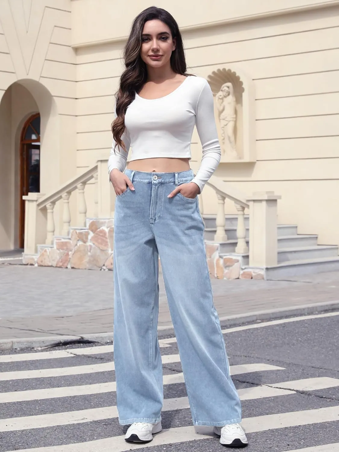 ELLEVEN High Stretchy Sweatpant Jeans Women, Elastic Waist Wide Leg Baggy Knit Jeans Straight Leg High Waisted Pull on Jeans