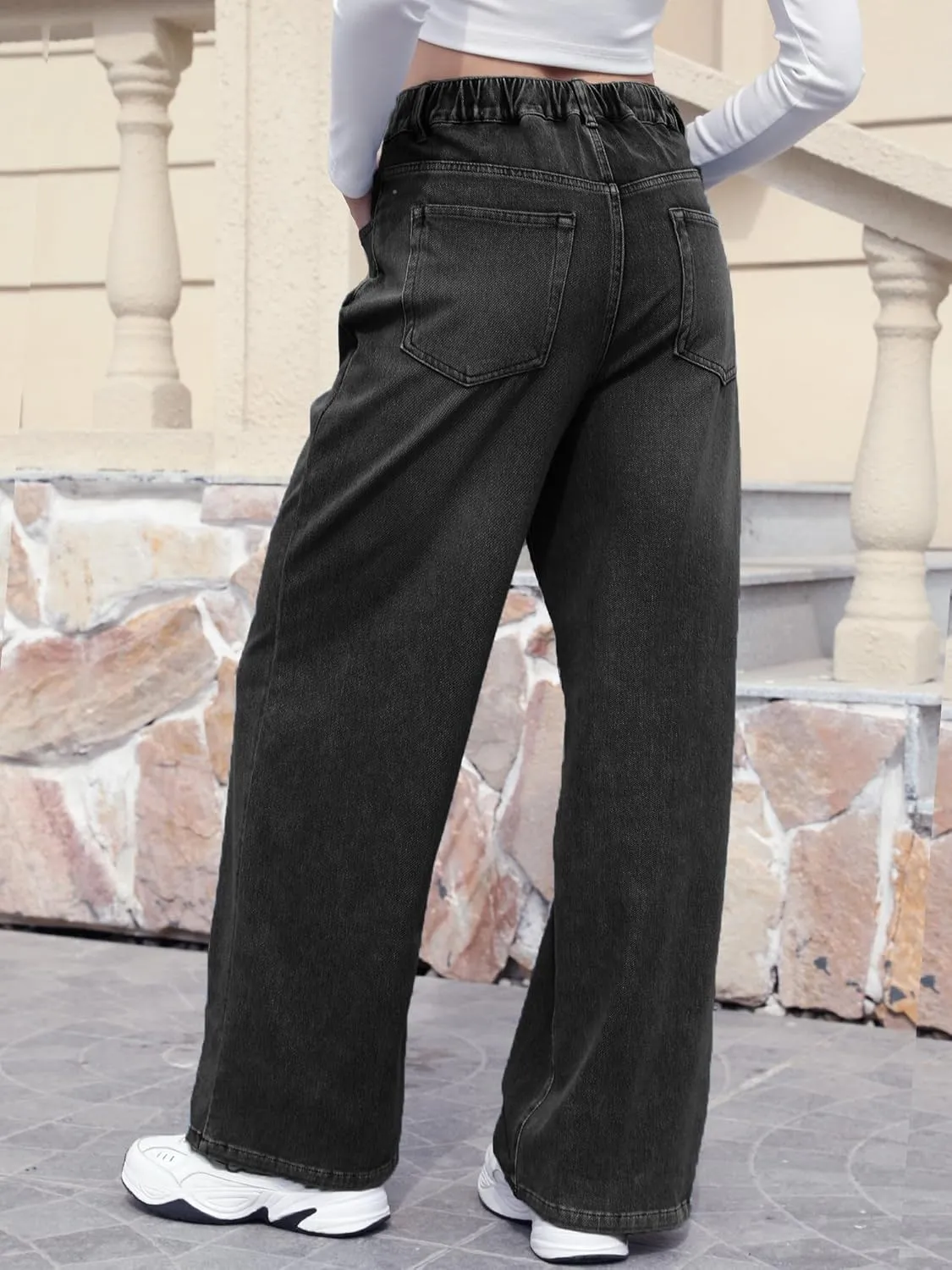 ELLEVEN High Stretchy Sweatpant Jeans Women, Elastic Waist Wide Leg Baggy Knit Jeans Straight Leg High Waisted Pull on Jeans