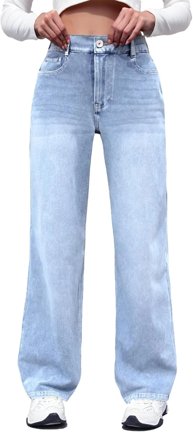 ELLEVEN High Stretchy Sweatpant Jeans Women, Elastic Waist Wide Leg Baggy Knit Jeans Straight Leg High Waisted Pull on Jeans