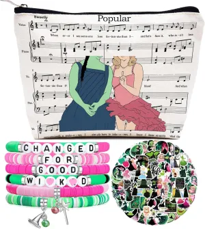 Elphaba and Glinda Themed Makeup Bag Set, Movie Stuff Including Comsmetic Bag, 50pcs Stickers, and 6pcs Friendship Bracelets for Friends Musical Gifts for Fans