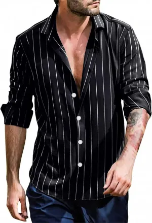 Fashion Mens Striped Button Down Shirts Casual Cotton Line Long Shirts Shirts Spread Collar Beach Tops