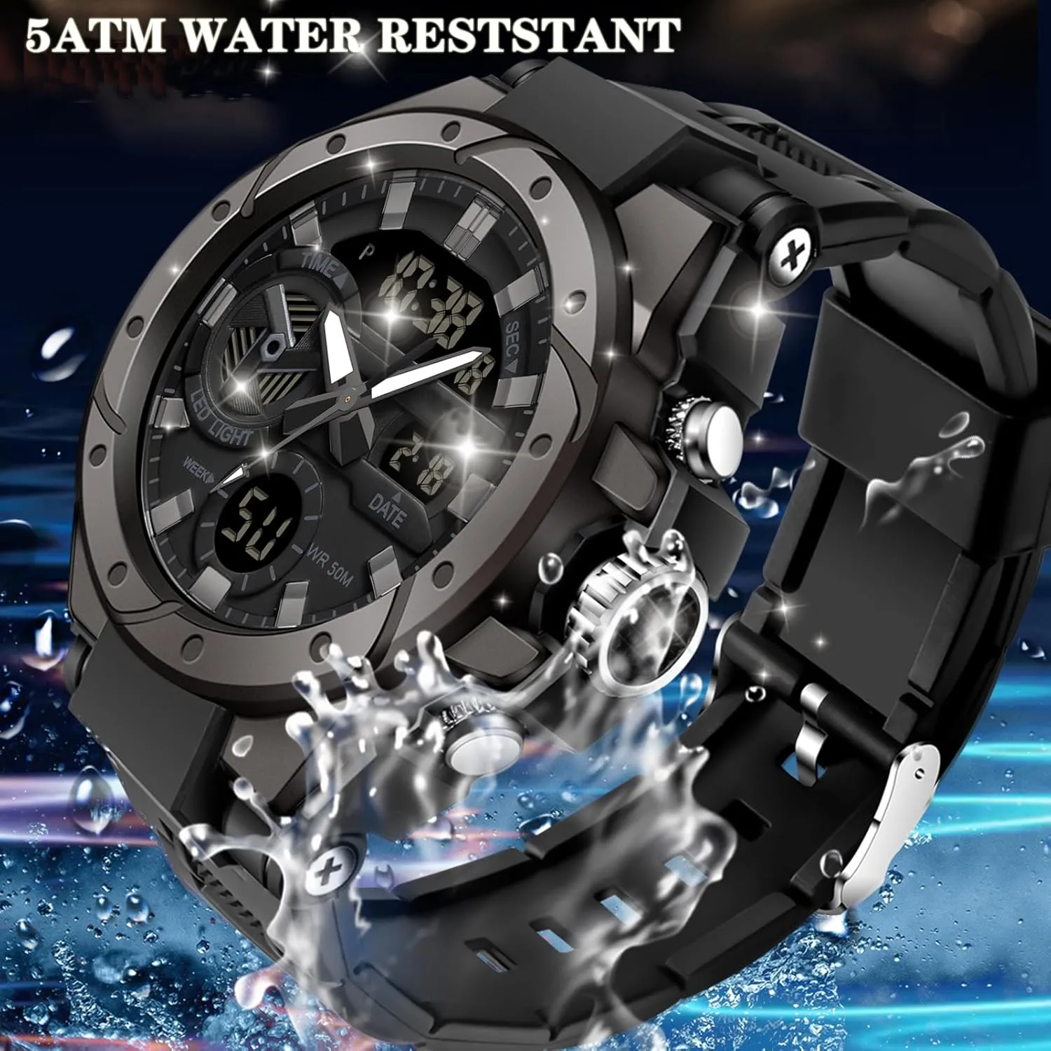 findtime Mens Digital Analog Watches for Men, Men's Sports Outdoor Watch Military Tactical Big Face Wristwatch with Alarm Water Shock Resistant Date Dual Display Stopwatch