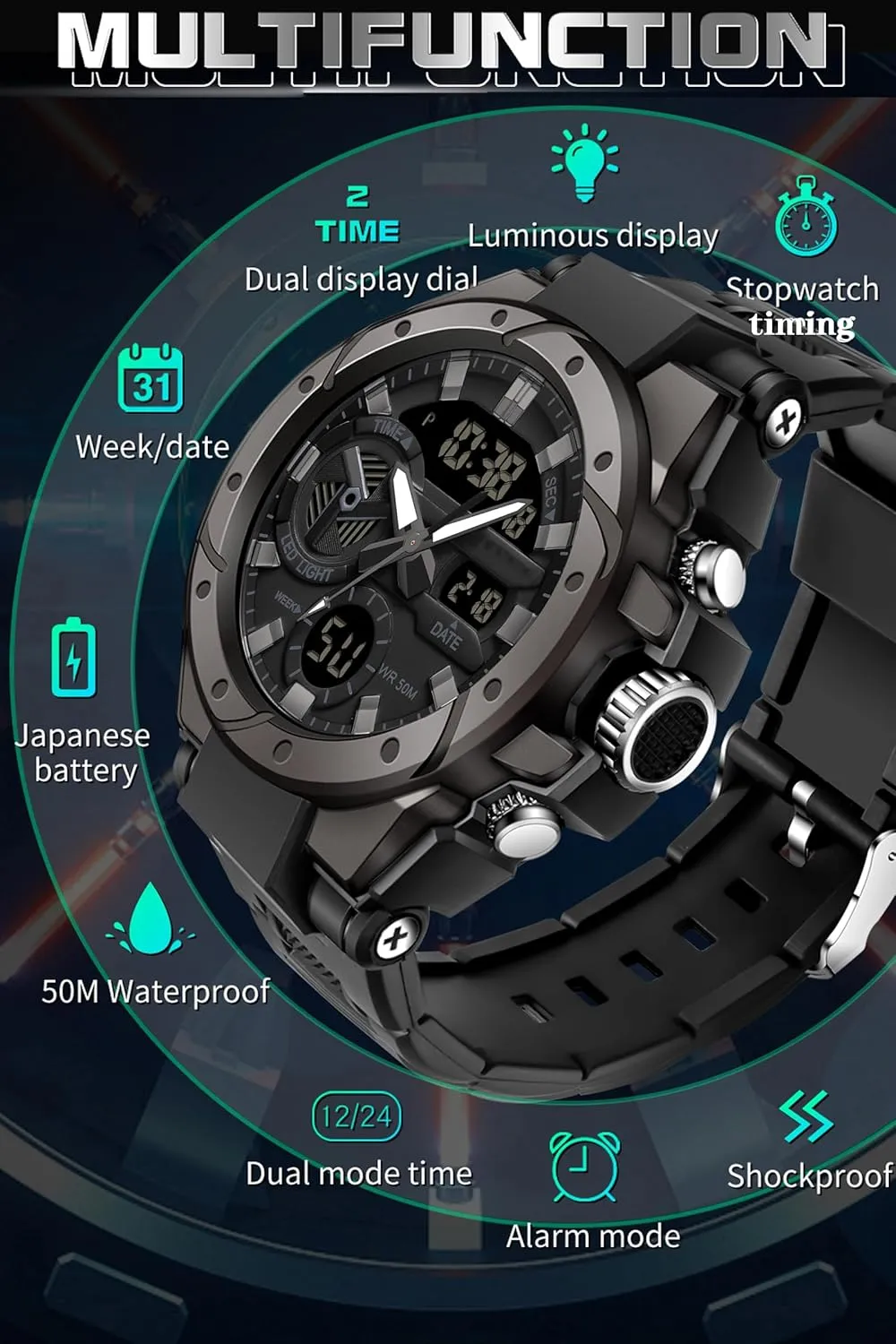 findtime Mens Digital Analog Watches for Men, Men's Sports Outdoor Watch Military Tactical Big Face Wristwatch with Alarm Water Shock Resistant Date Dual Display Stopwatch