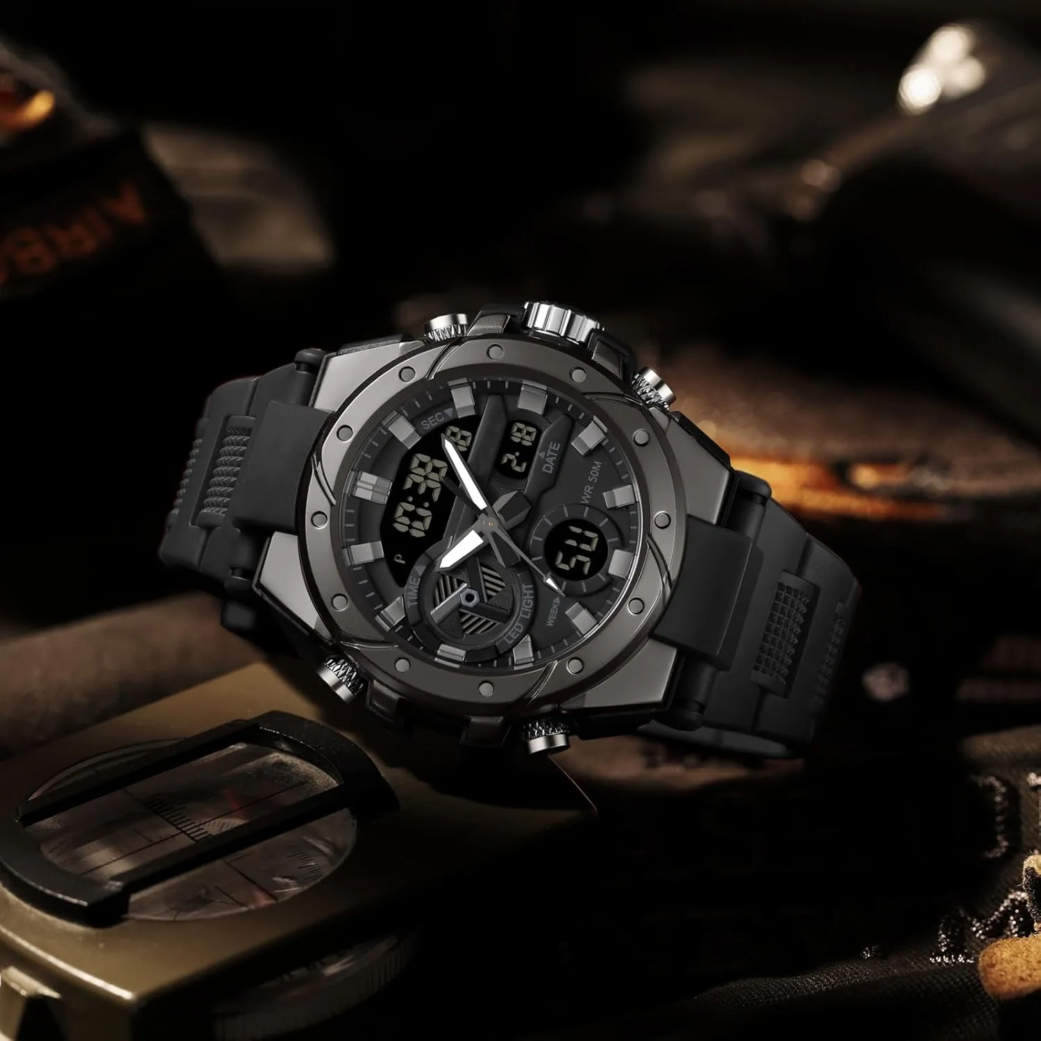 findtime Mens Digital Analog Watches for Men, Men's Sports Outdoor Watch Military Tactical Big Face Wristwatch with Alarm Water Shock Resistant Date Dual Display Stopwatch