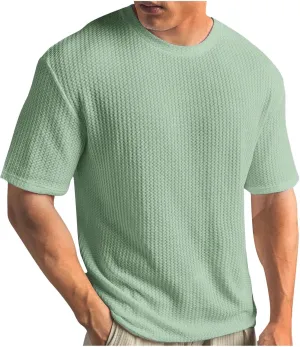 Finelylove T Shirts for Man Crochet Knitted T Shirt Crew Neck Short Sleeve Summer Beach Waffle Textured Tops Casual