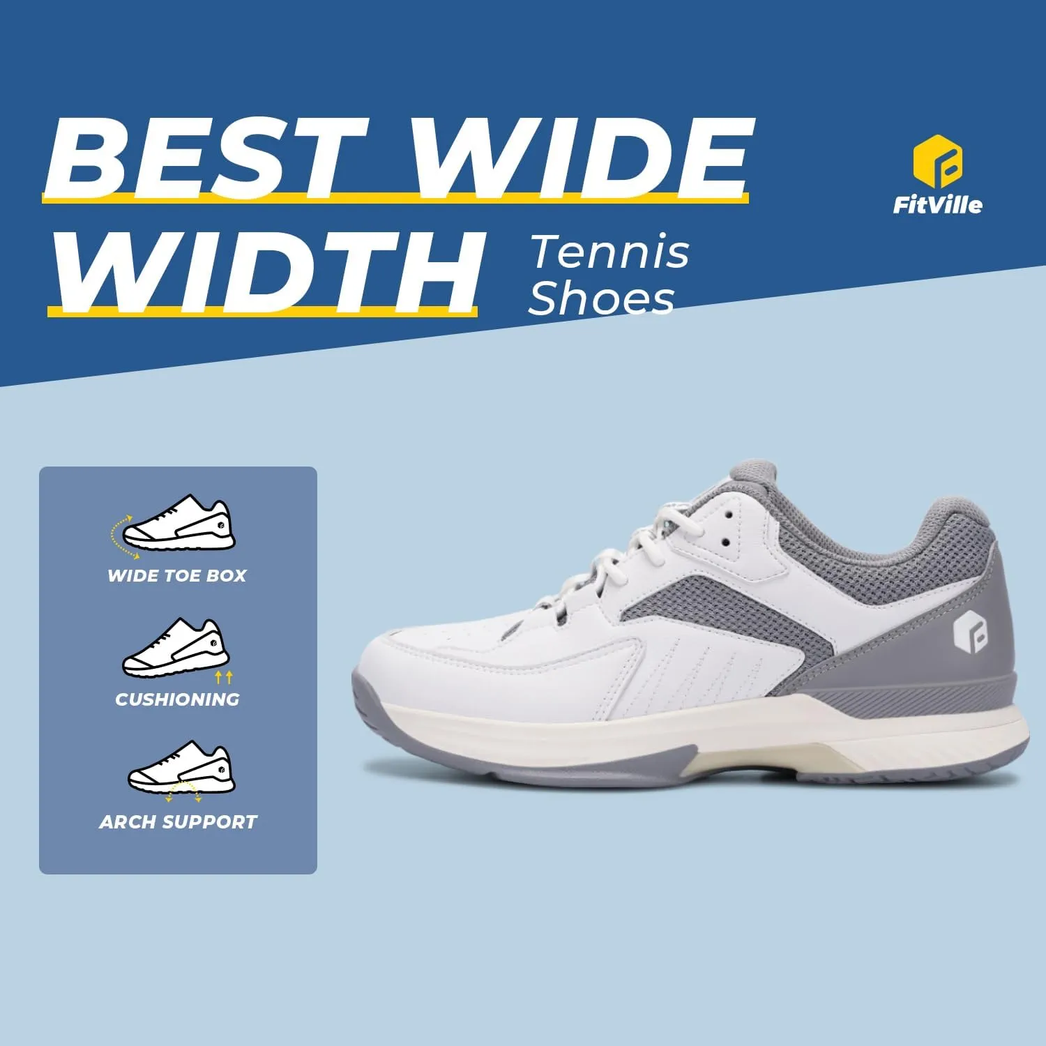 FitVille Mens Wide Pickleball Shoes All Court Tennis Shoes with Arch Support for Plantar Fasciitis