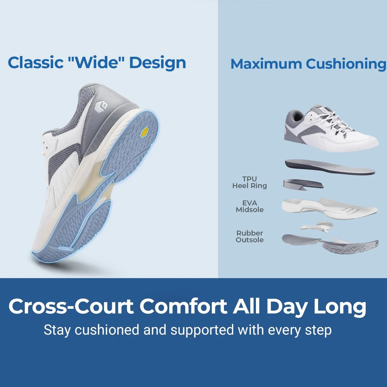 FitVille Mens Wide Pickleball Shoes All Court Tennis Shoes with Arch Support for Plantar Fasciitis