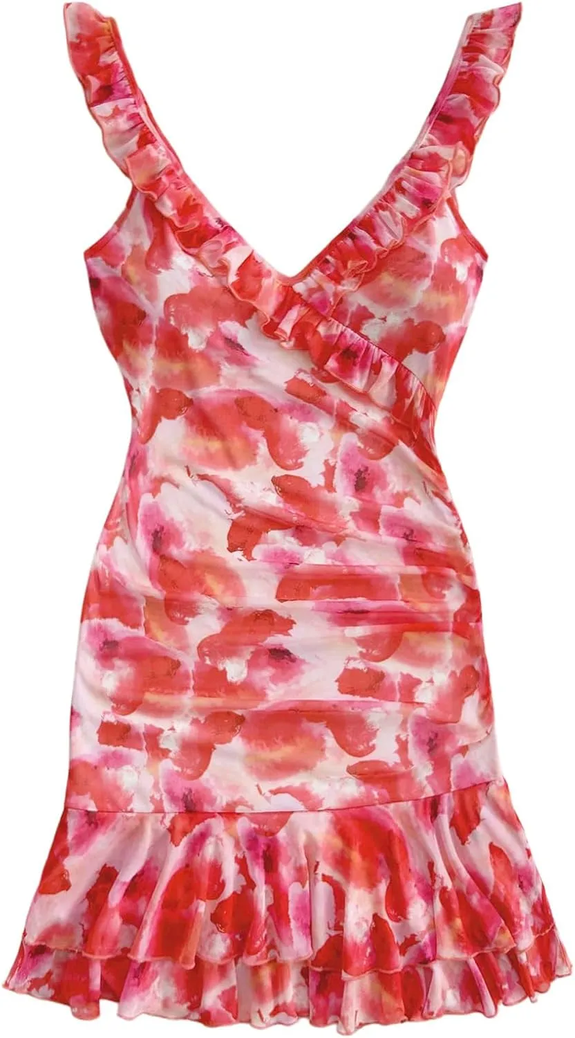 Floerns Women's Floral Sleeveless Milkmaid Dress Ruched Bust Ruffle Hem Bodycon Dresses