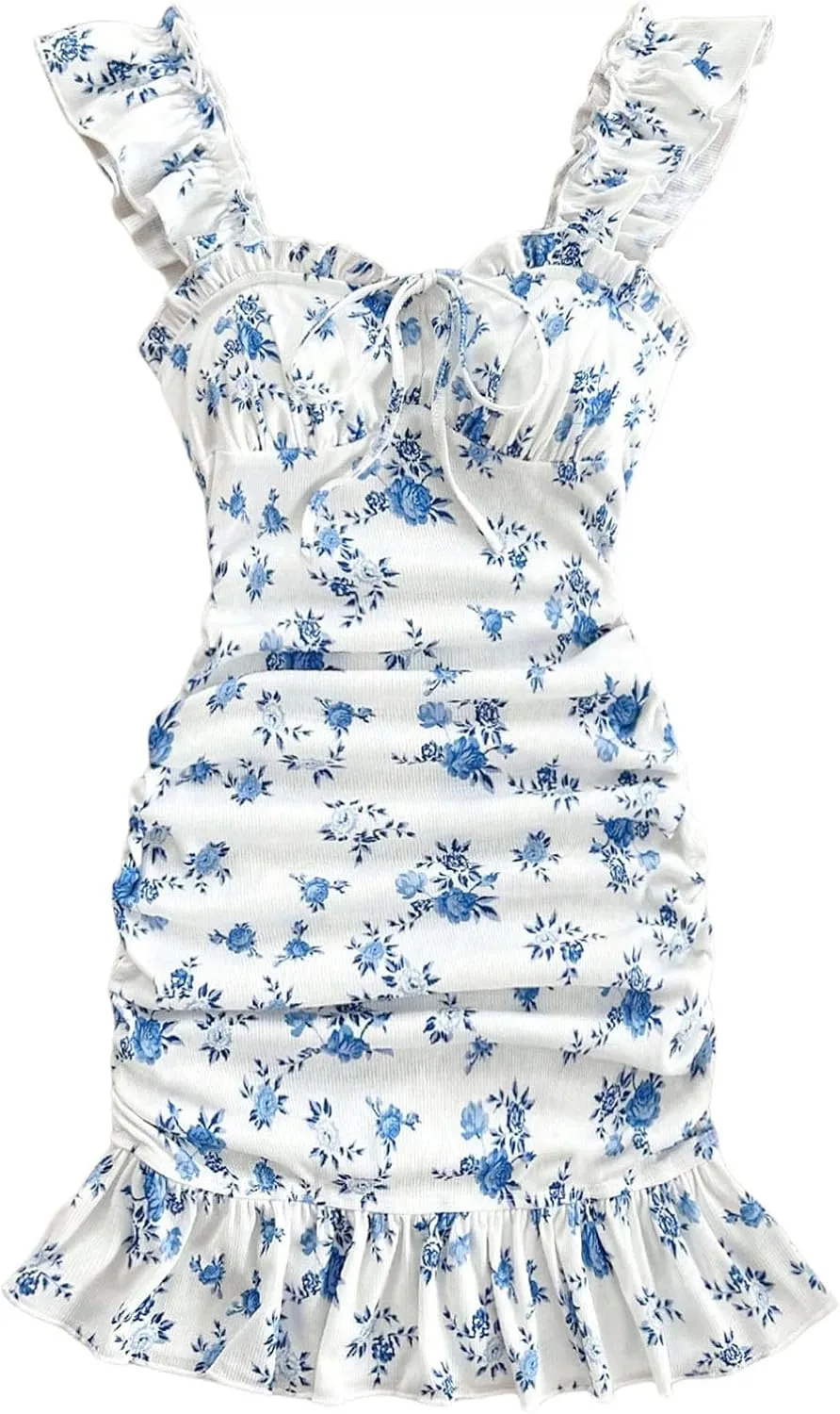 Floerns Women's Floral Sleeveless Milkmaid Dress Ruched Bust Ruffle Hem Bodycon Dresses