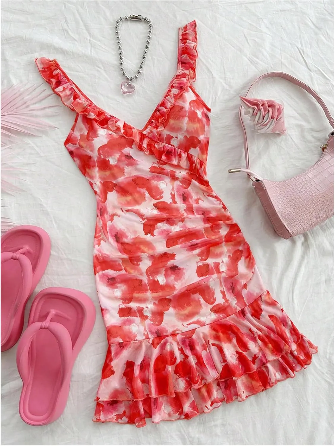 Floerns Women's Floral Sleeveless Milkmaid Dress Ruched Bust Ruffle Hem Bodycon Dresses