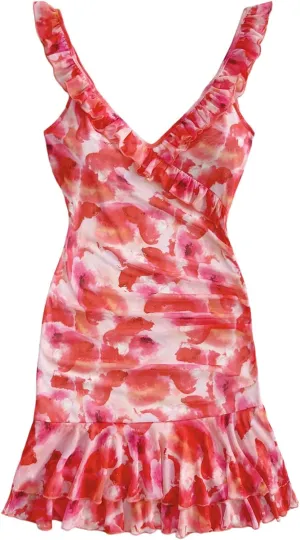 Floerns Women's Floral Sleeveless Milkmaid Dress Ruched Bust Ruffle Hem Bodycon Dresses