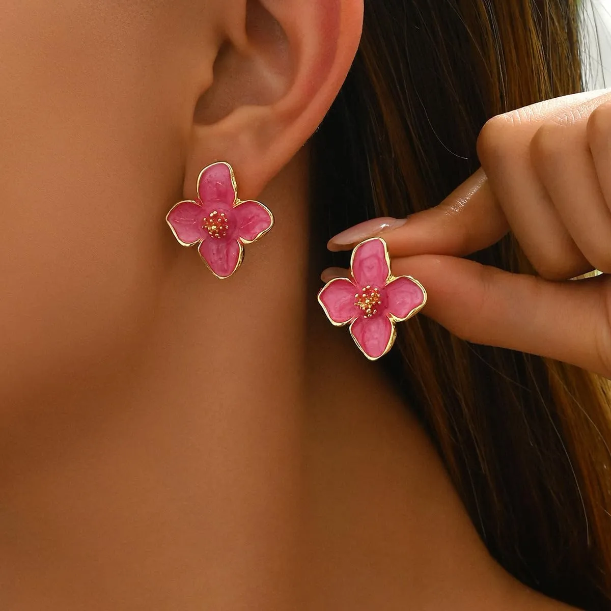 Flower Stud Earrings for Women Colorful Enamel Flower Statement Earrings Cute Gold Flowers Bud Earring Irregular Petal Earring Elegant Pastel Floral Earrings for Women Trendy Jewelry
