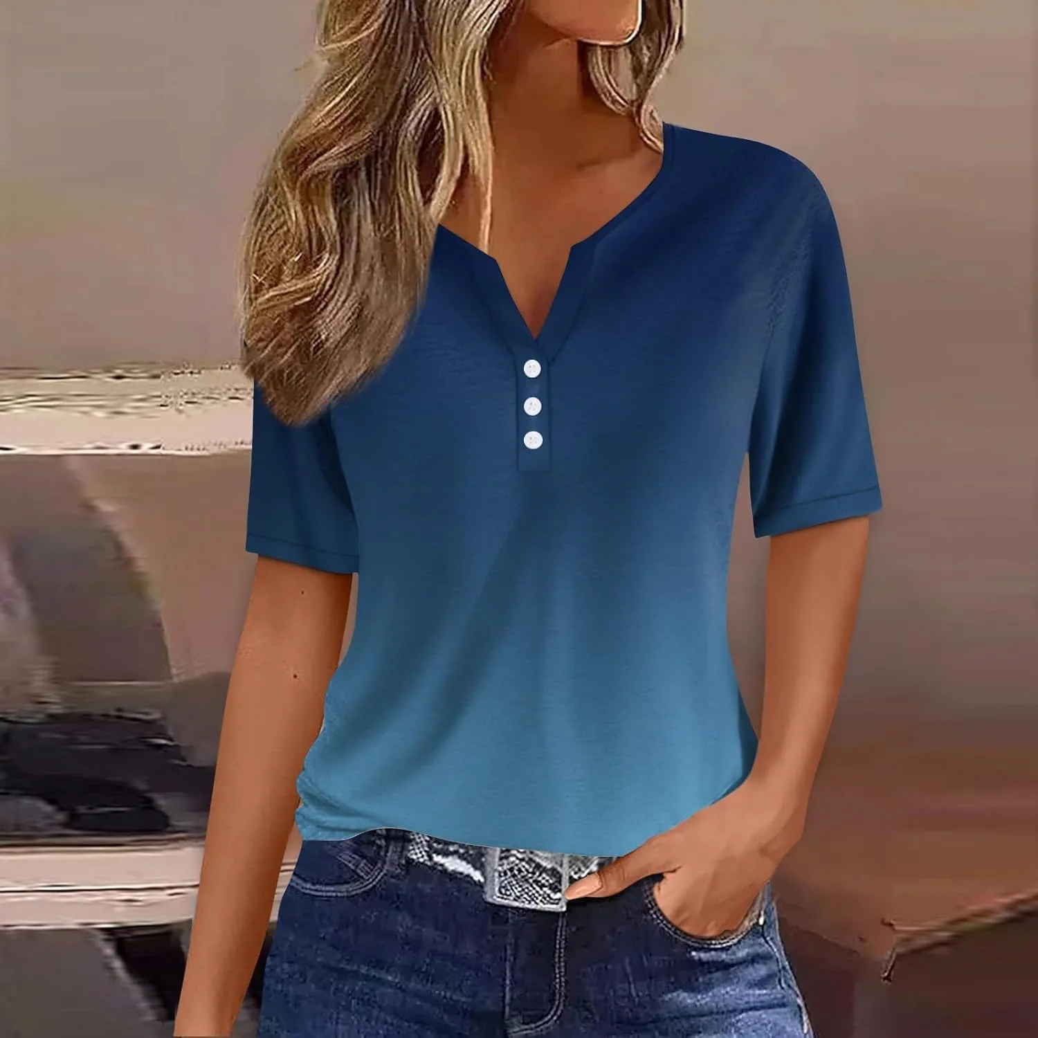 FQZWONG Summer Tops for Women 2025 Loose Casual Short Sleeve Shirts Trendy V Neck Graphic Tees Ladies Button Down Blouses