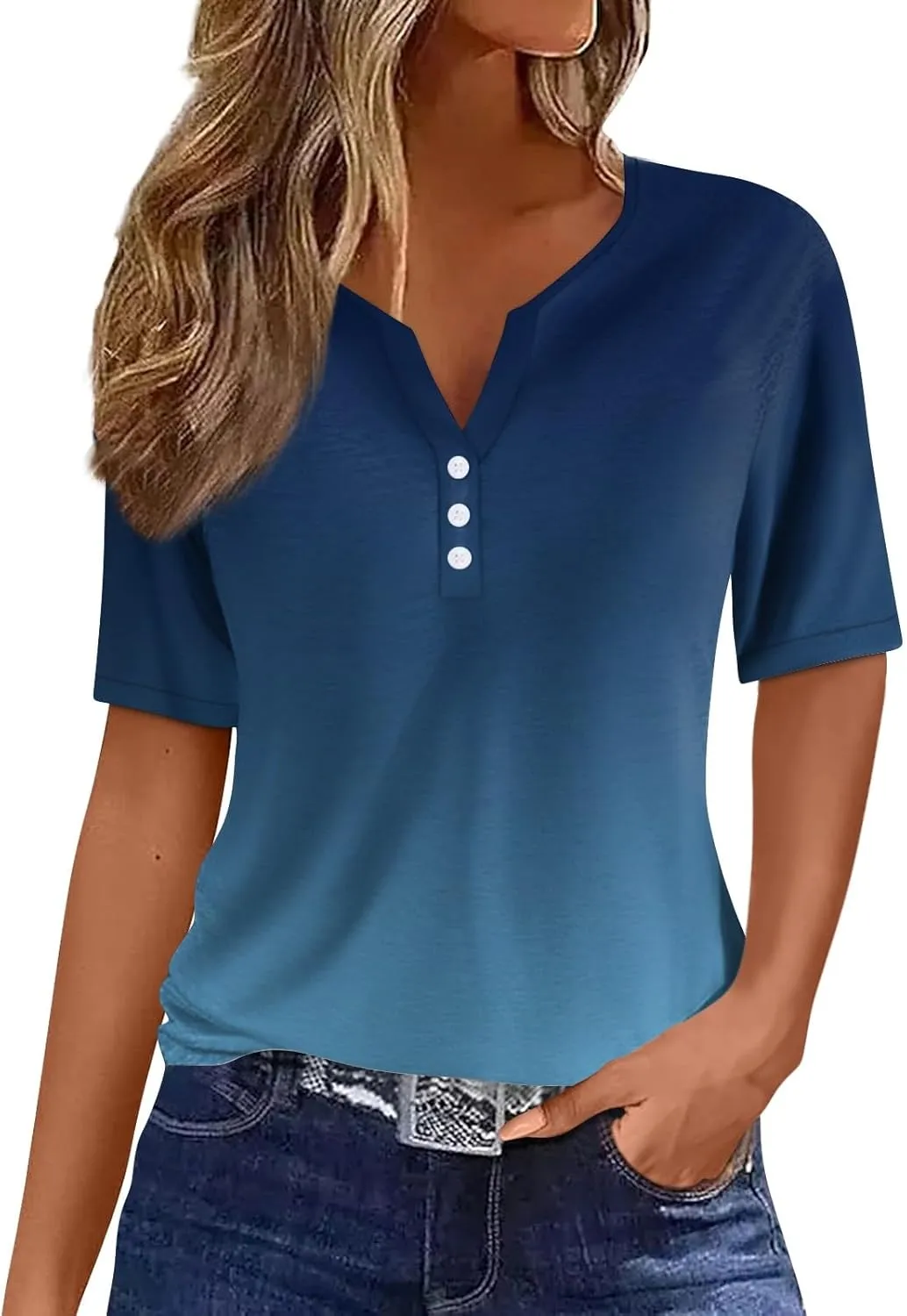 FQZWONG Summer Tops for Women 2025 Loose Casual Short Sleeve Shirts Trendy V Neck Graphic Tees Ladies Button Down Blouses