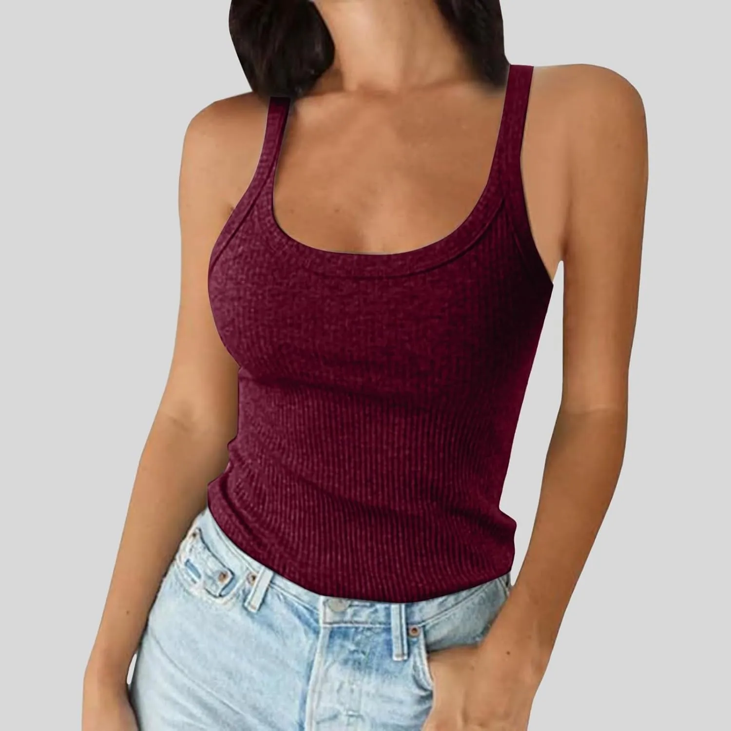 Franterd Summer Tank Tops for Women 2025 Tremdy Ribbed Spaghetti Strap Camisole Top Scoop Neck Slim Fit Basic Workout Shirts