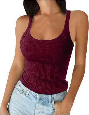 Franterd Summer Tank Tops for Women 2025 Tremdy Ribbed Spaghetti Strap Camisole Top Scoop Neck Slim Fit Basic Workout Shirts