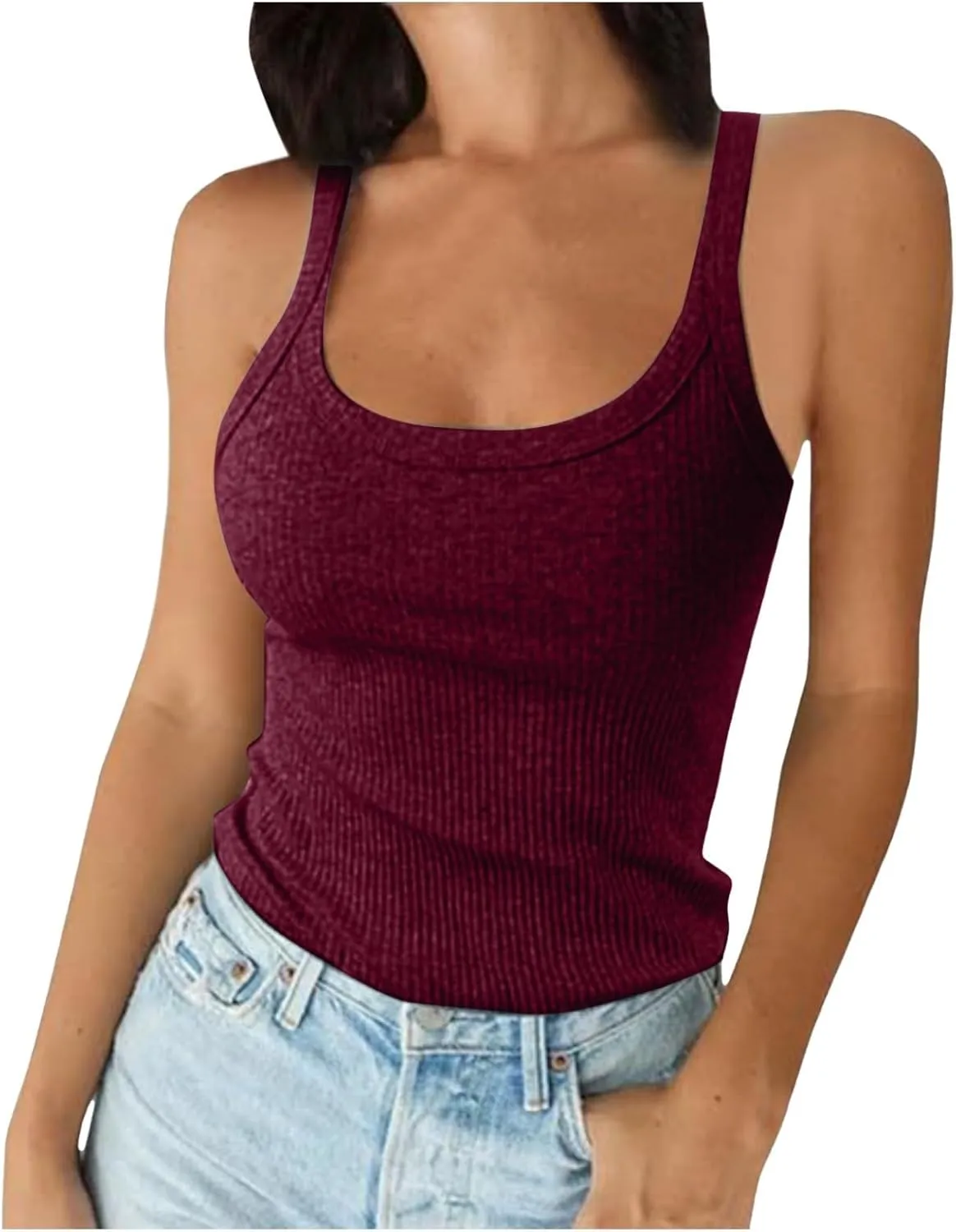Franterd Summer Tank Tops for Women 2025 Tremdy Ribbed Spaghetti Strap Camisole Top Scoop Neck Slim Fit Basic Workout Shirts