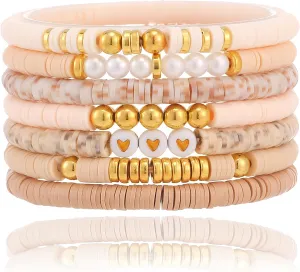Friendship Bracelets Trendy Heishi Clay Bead Bracelets Stack Gold Beaded Stretch Bracelets for Women Boho Stackable Bracelets Bulk Cute Preppy Jewelry