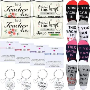Funtery 16 Pcs Teacher Appreciation Gift Set 4 Cosmetic Bags 4 Keychains 4 Blessing Card Bracelets, 4 Pair Socks