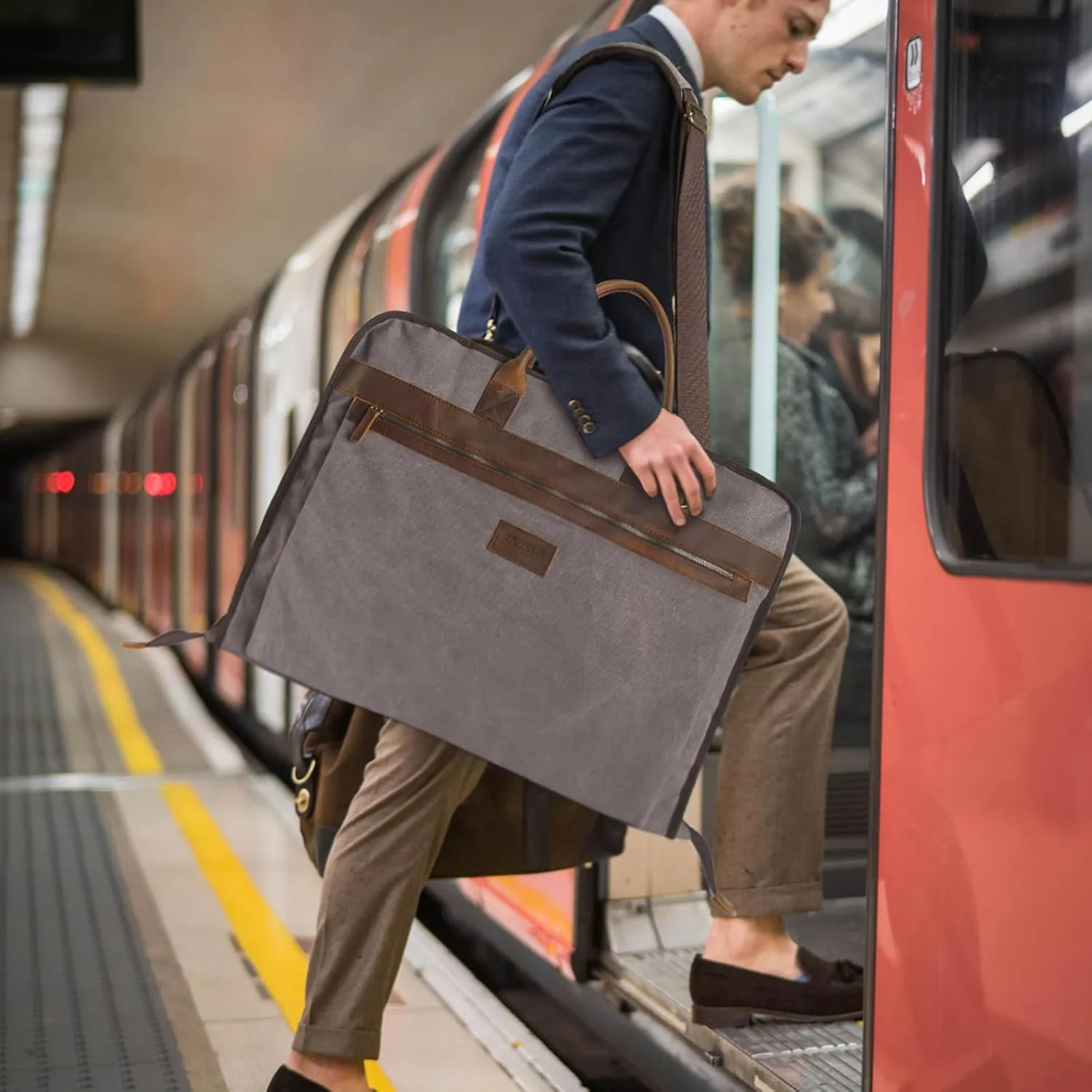 Garment Bags for Travel Leather Canvas Suit Bag with Extended Design Computer Compartment
