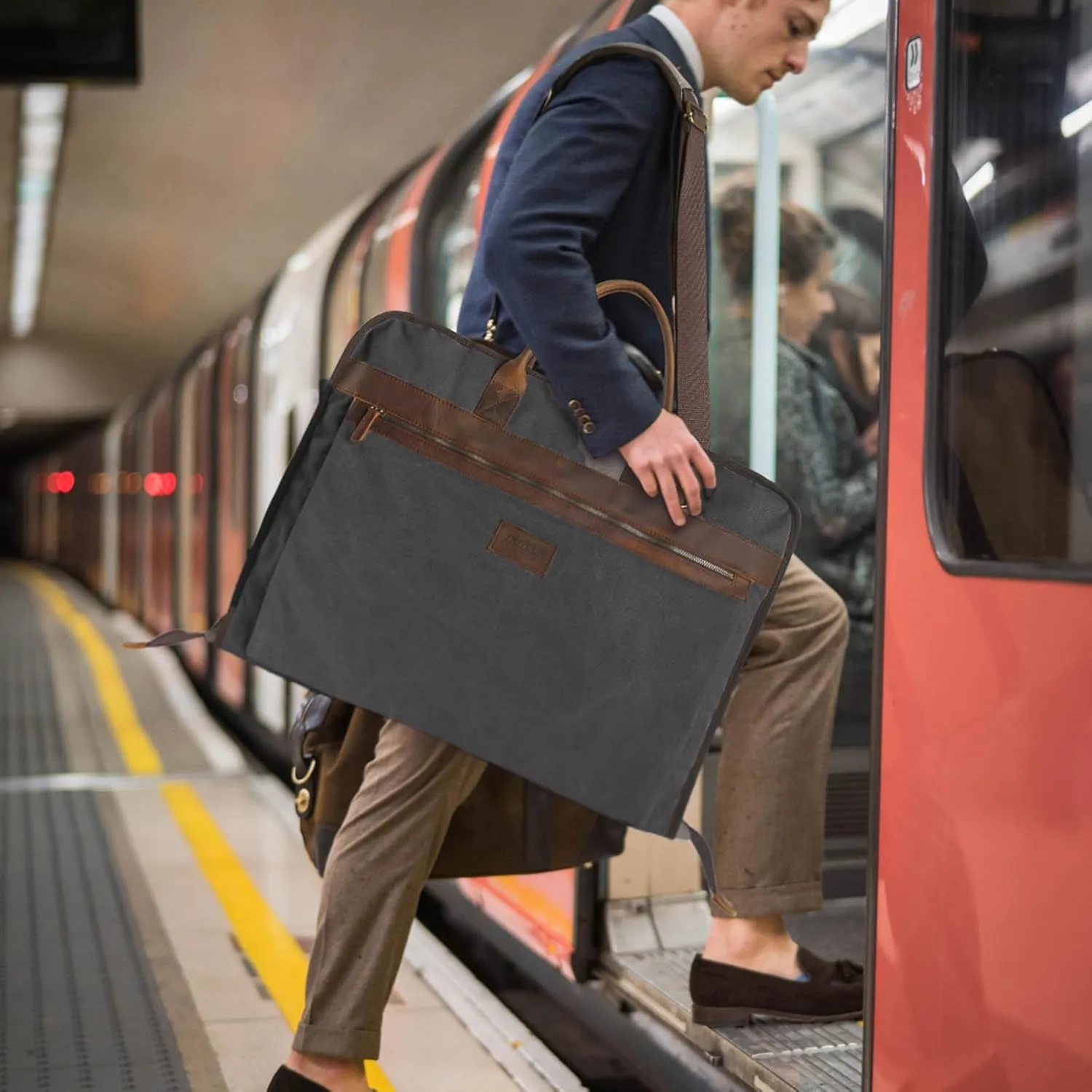 Garment Bags for Travel Leather Canvas Suit Bag with Extended Design Computer Compartment