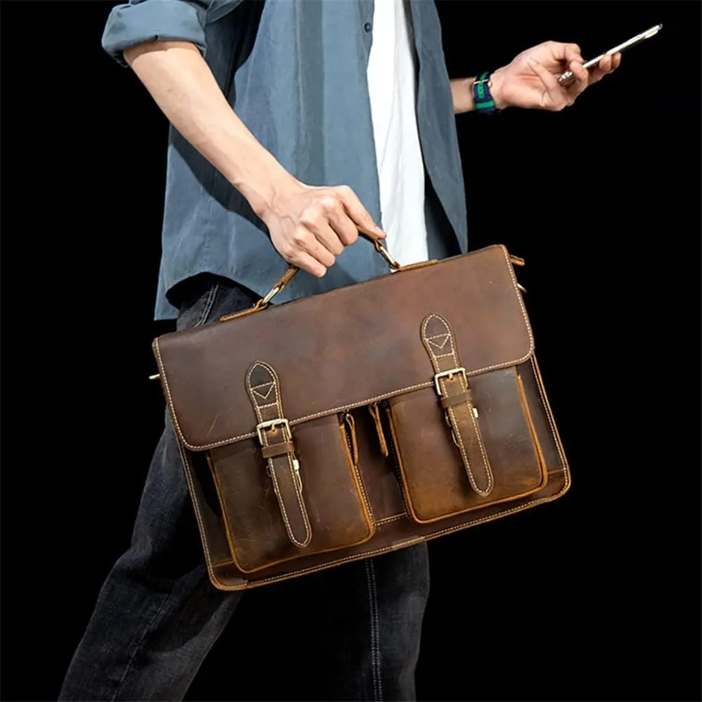 Genuine Leathe Vintage Man Handbag Briefcase Men Shoulder Bags Brown Business 15.6 Inch Laptop Bag