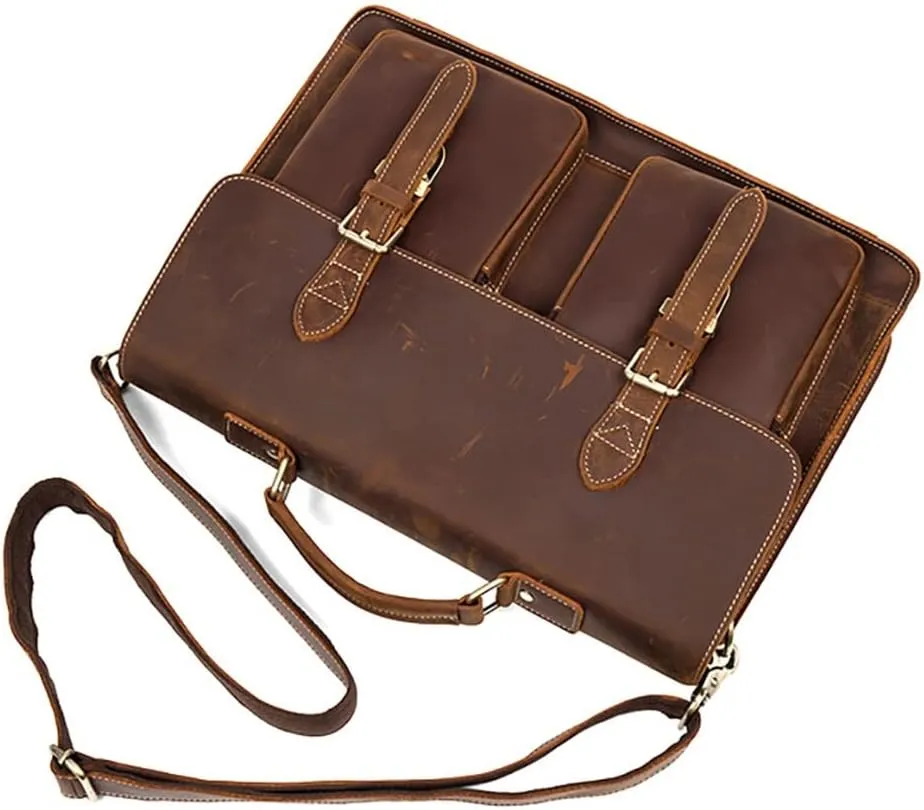Genuine Leathe Vintage Man Handbag Briefcase Men Shoulder Bags Brown Business 15.6 Inch Laptop Bag