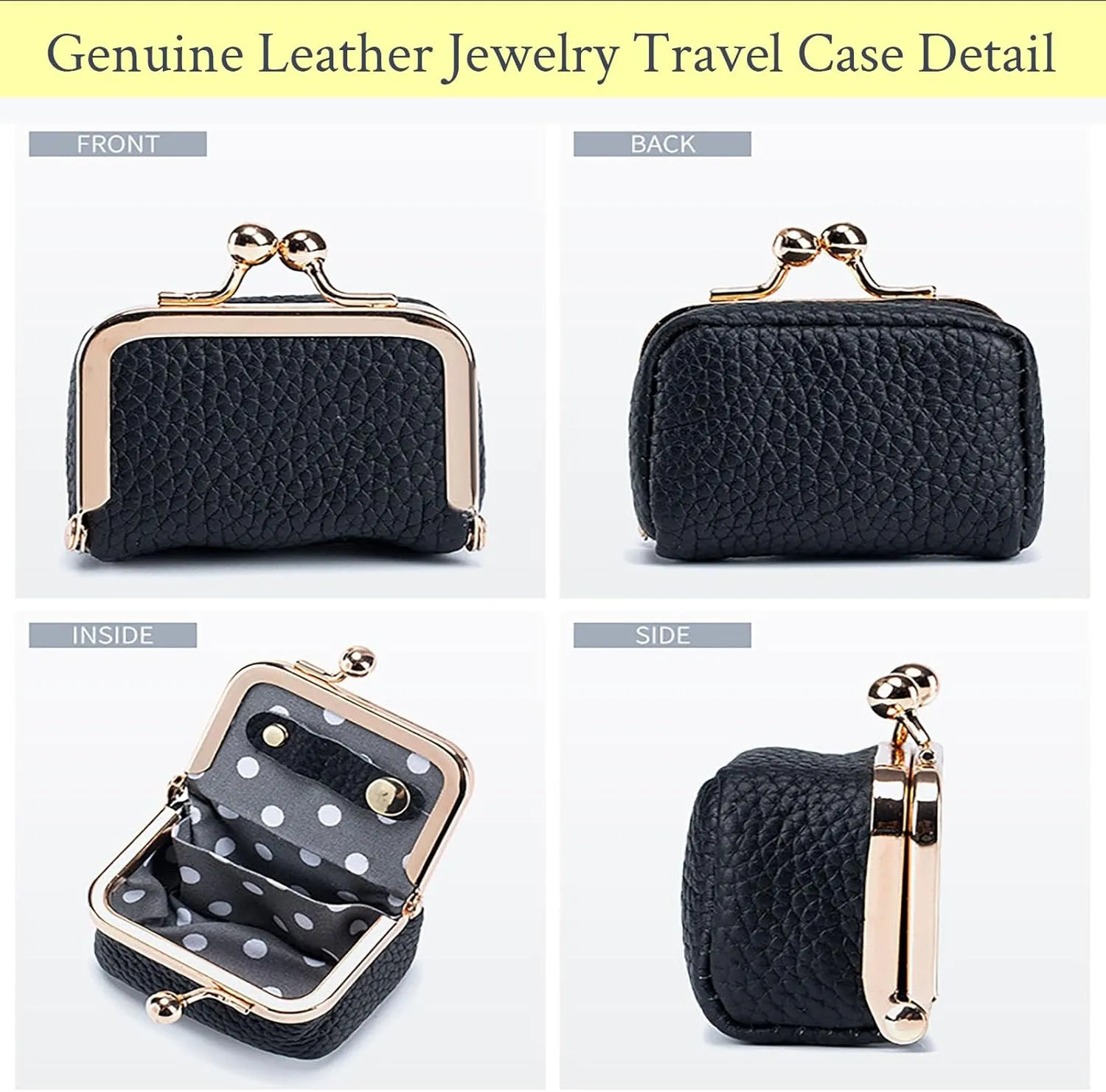 Genuine Leather Jewelry Travel Case Mini Portable Organizer with Kiss Lock & Anti-Tip Design, Stable Small Jewelry Box for Earrings, Rings, Coin Purse for Travel (2.55x1.77 Inch, Blue)