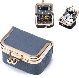 Genuine Leather Jewelry Travel Case Mini Portable Organizer with Kiss Lock & Anti-Tip Design, Stable Small Jewelry Box for Earrings, Rings, Coin Purse for Travel (2.55x1.77 Inch, Blue)