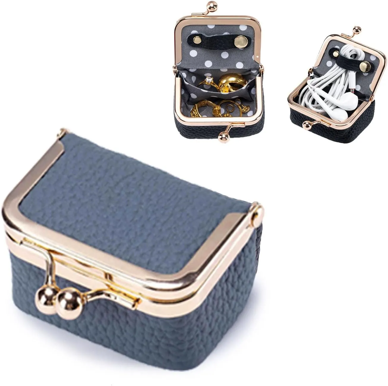 Genuine Leather Jewelry Travel Case Mini Portable Organizer with Kiss Lock & Anti-Tip Design, Stable Small Jewelry Box for Earrings, Rings, Coin Purse for Travel (2.55x1.77 Inch, Blue)