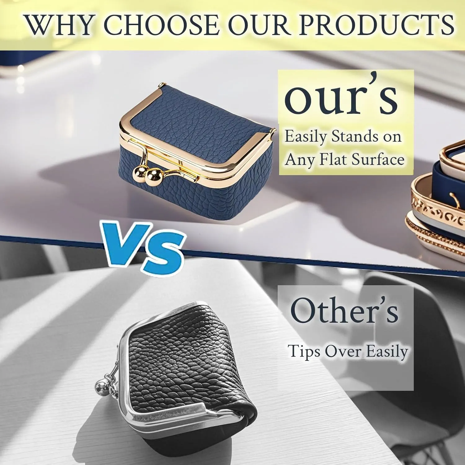 Genuine Leather Jewelry Travel Case Mini Portable Organizer with Kiss Lock & Anti-Tip Design, Stable Small Jewelry Box for Earrings, Rings, Coin Purse for Travel (2.55x1.77 Inch, Blue)