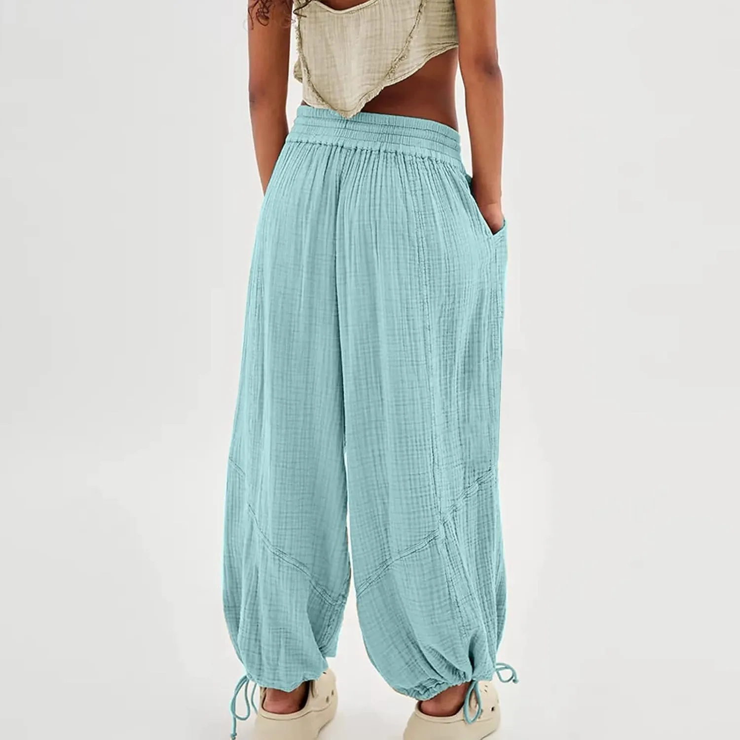 GIERIDUC Linen Pants Women Summer Casual Elastic Drawstring Pants Wide Leg Baggy Trousers with Pockets Loose Fitted Capris