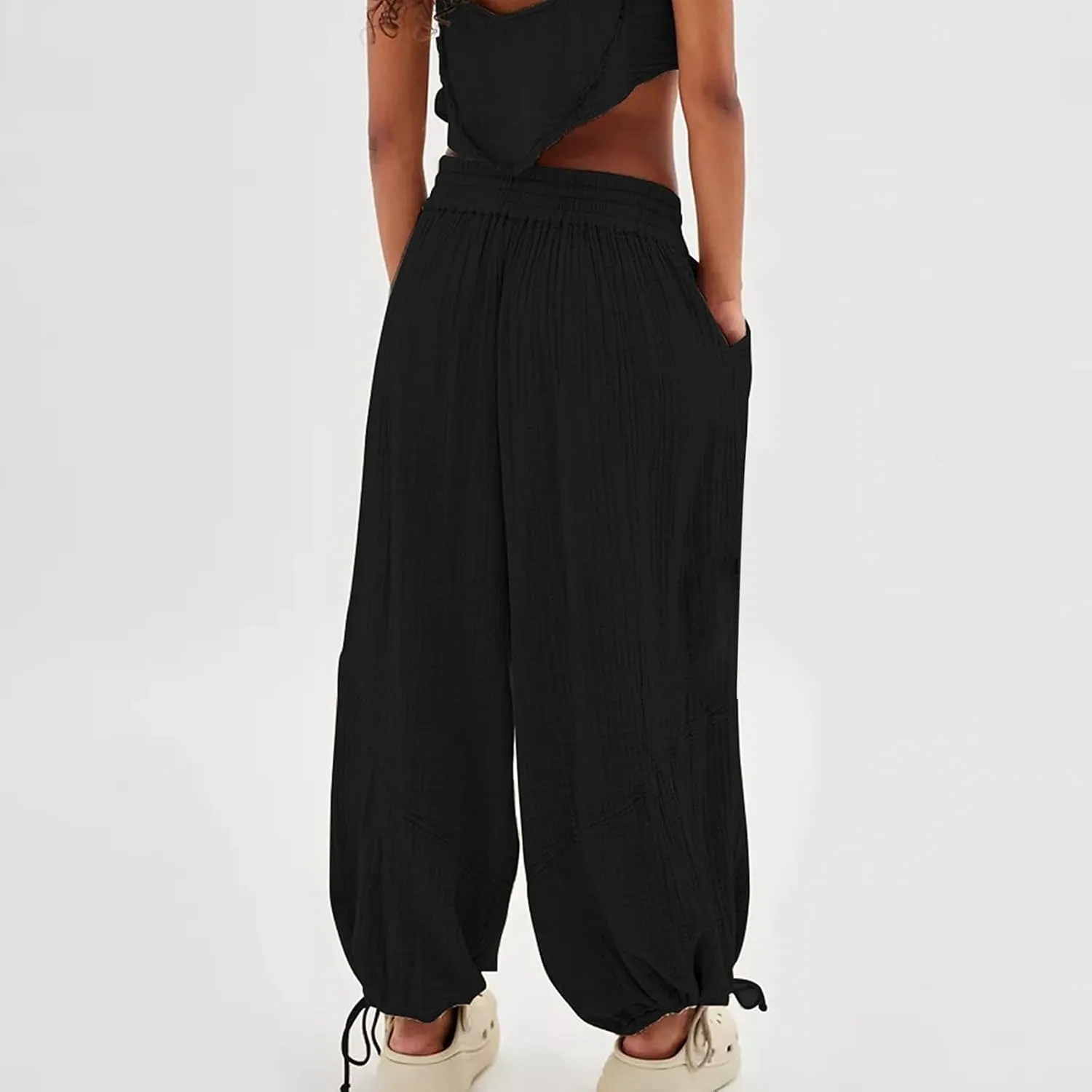 GIERIDUC Linen Pants Women Summer Casual Elastic Drawstring Pants Wide Leg Baggy Trousers with Pockets Loose Fitted Capris