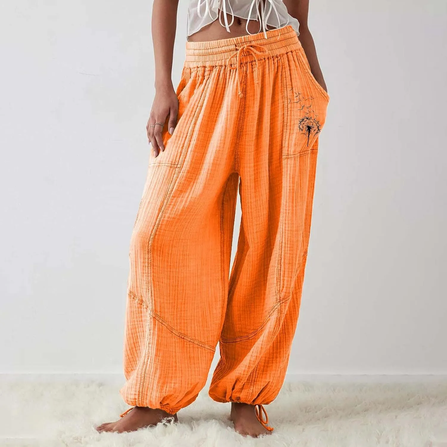 GIERIDUC Linen Pants Women Summer Casual Elastic Drawstring Pants Wide Leg Baggy Trousers with Pockets Loose Fitted Capris
