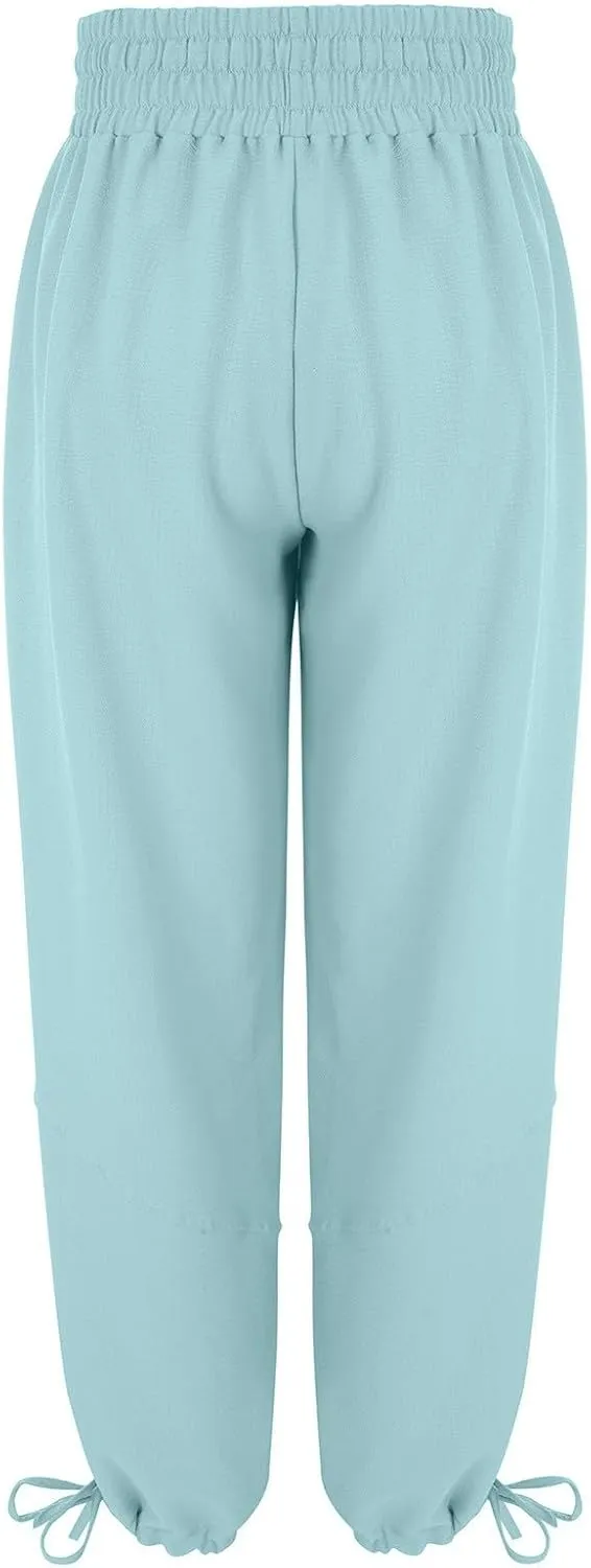 GIERIDUC Linen Pants Women Summer Casual Elastic Drawstring Pants Wide Leg Baggy Trousers with Pockets Loose Fitted Capris
