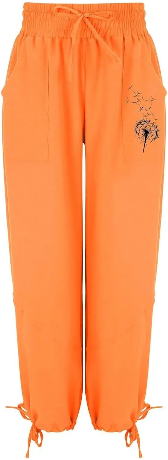 GIERIDUC Linen Pants Women Summer Casual Elastic Drawstring Pants Wide Leg Baggy Trousers with Pockets Loose Fitted Capris