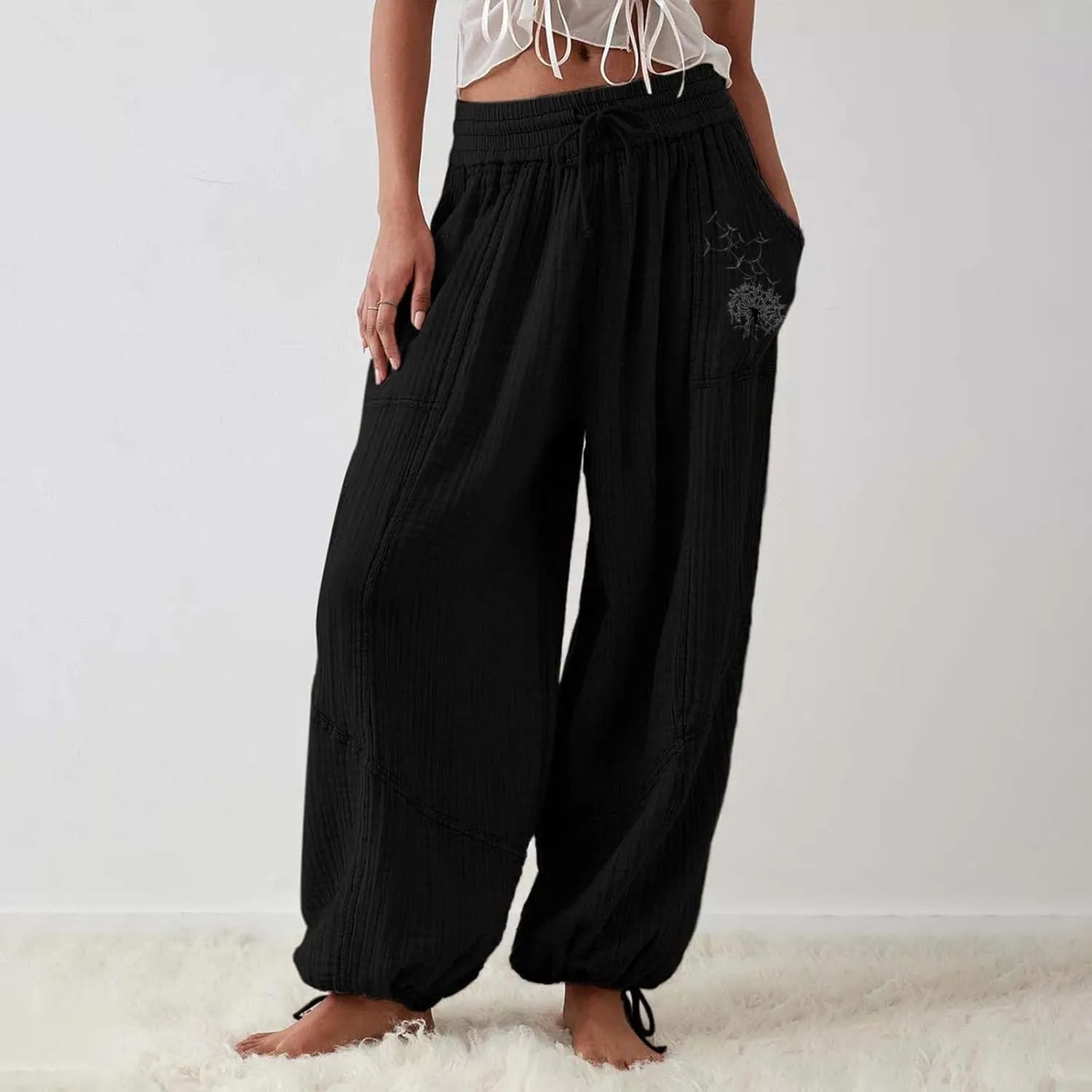 GIERIDUC Linen Pants Women Summer Casual Elastic Drawstring Pants Wide Leg Baggy Trousers with Pockets Loose Fitted Capris