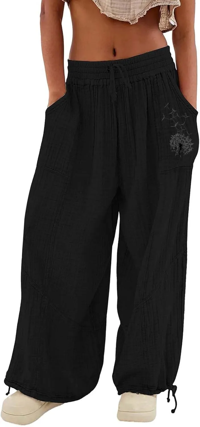 GIERIDUC Linen Pants Women Summer Casual Elastic Drawstring Pants Wide Leg Baggy Trousers with Pockets Loose Fitted Capris
