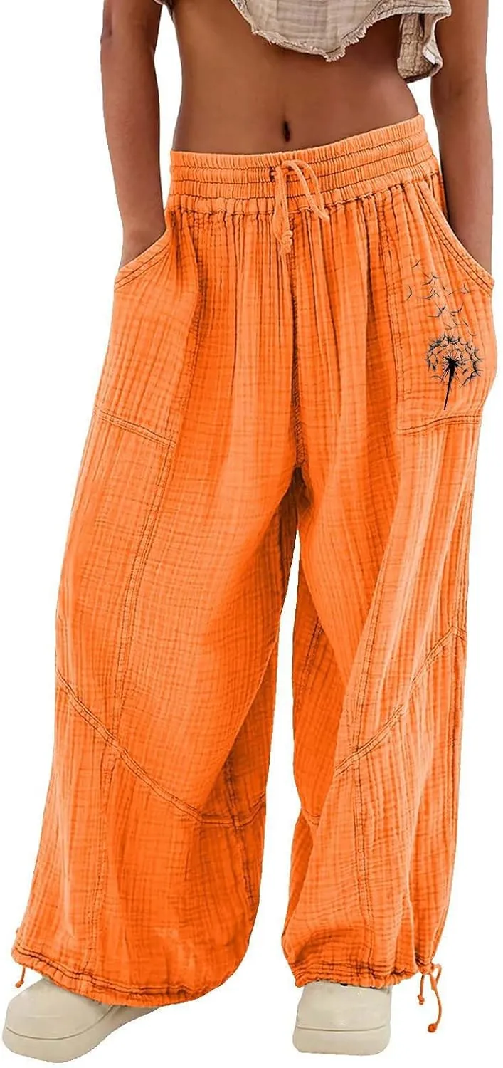 GIERIDUC Linen Pants Women Summer Casual Elastic Drawstring Pants Wide Leg Baggy Trousers with Pockets Loose Fitted Capris