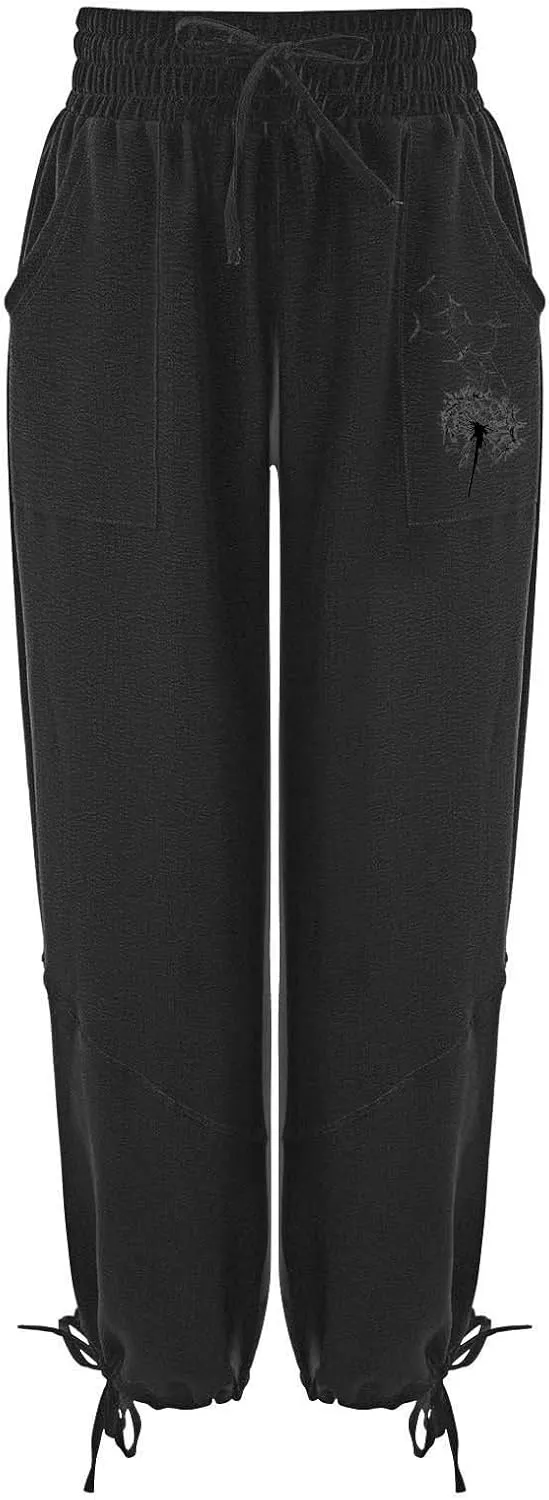 GIERIDUC Linen Pants Women Summer Casual Elastic Drawstring Pants Wide Leg Baggy Trousers with Pockets Loose Fitted Capris