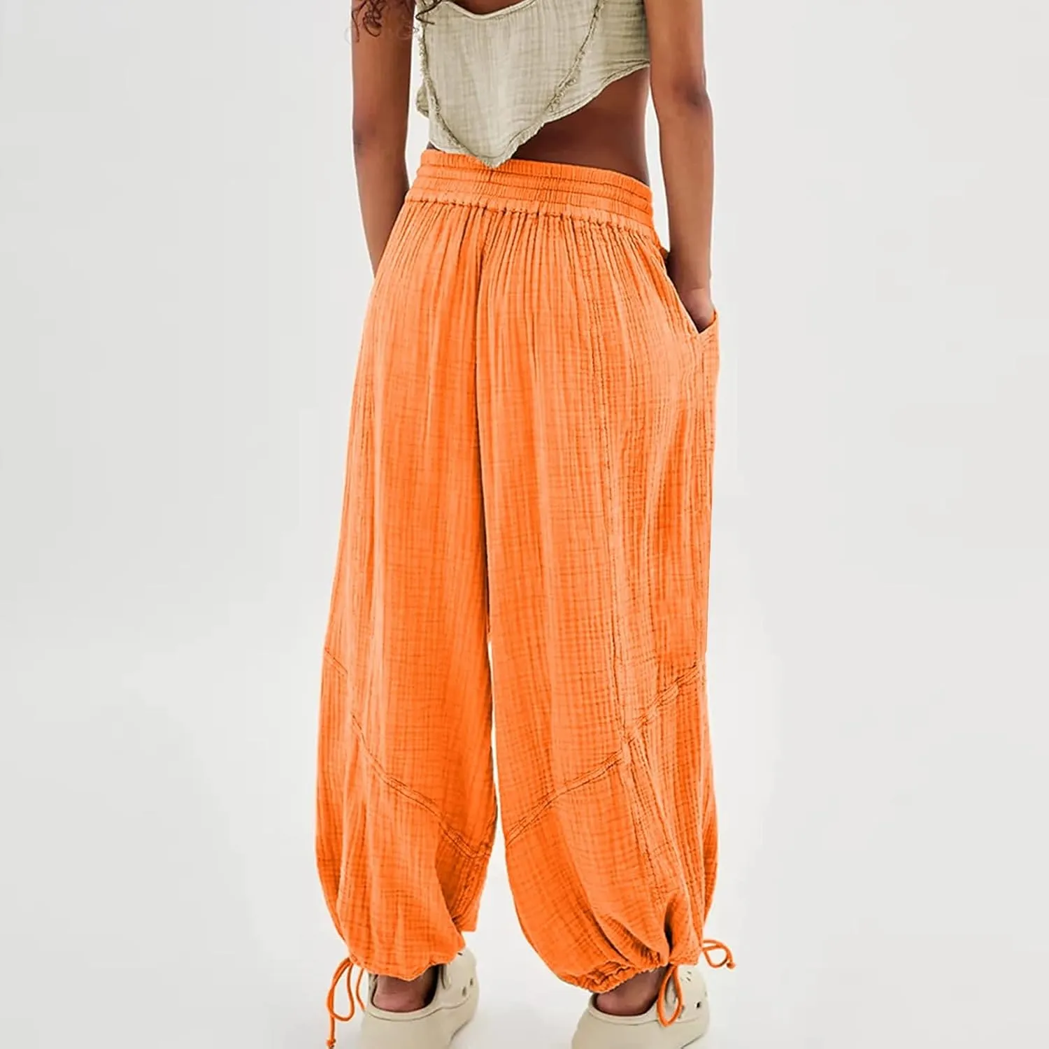 GIERIDUC Linen Pants Women Summer Casual Elastic Drawstring Pants Wide Leg Baggy Trousers with Pockets Loose Fitted Capris