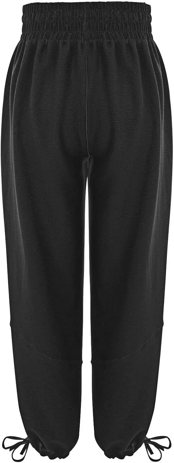 GIERIDUC Linen Pants Women Summer Casual Elastic Drawstring Pants Wide Leg Baggy Trousers with Pockets Loose Fitted Capris