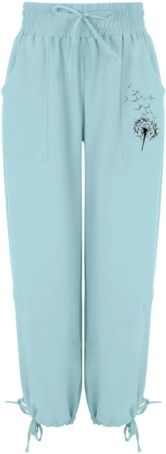 GIERIDUC Linen Pants Women Summer Casual Elastic Drawstring Pants Wide Leg Baggy Trousers with Pockets Loose Fitted Capris