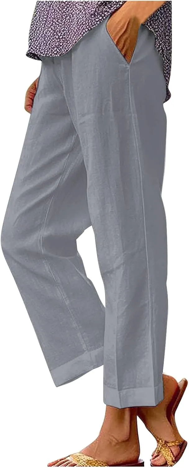 GIERIDUC Womens Casual Cotton Linen Pants Lightweight Summer Relaxed Fit Elastic Waist Wide Leg Solid Lounge Long Trousers